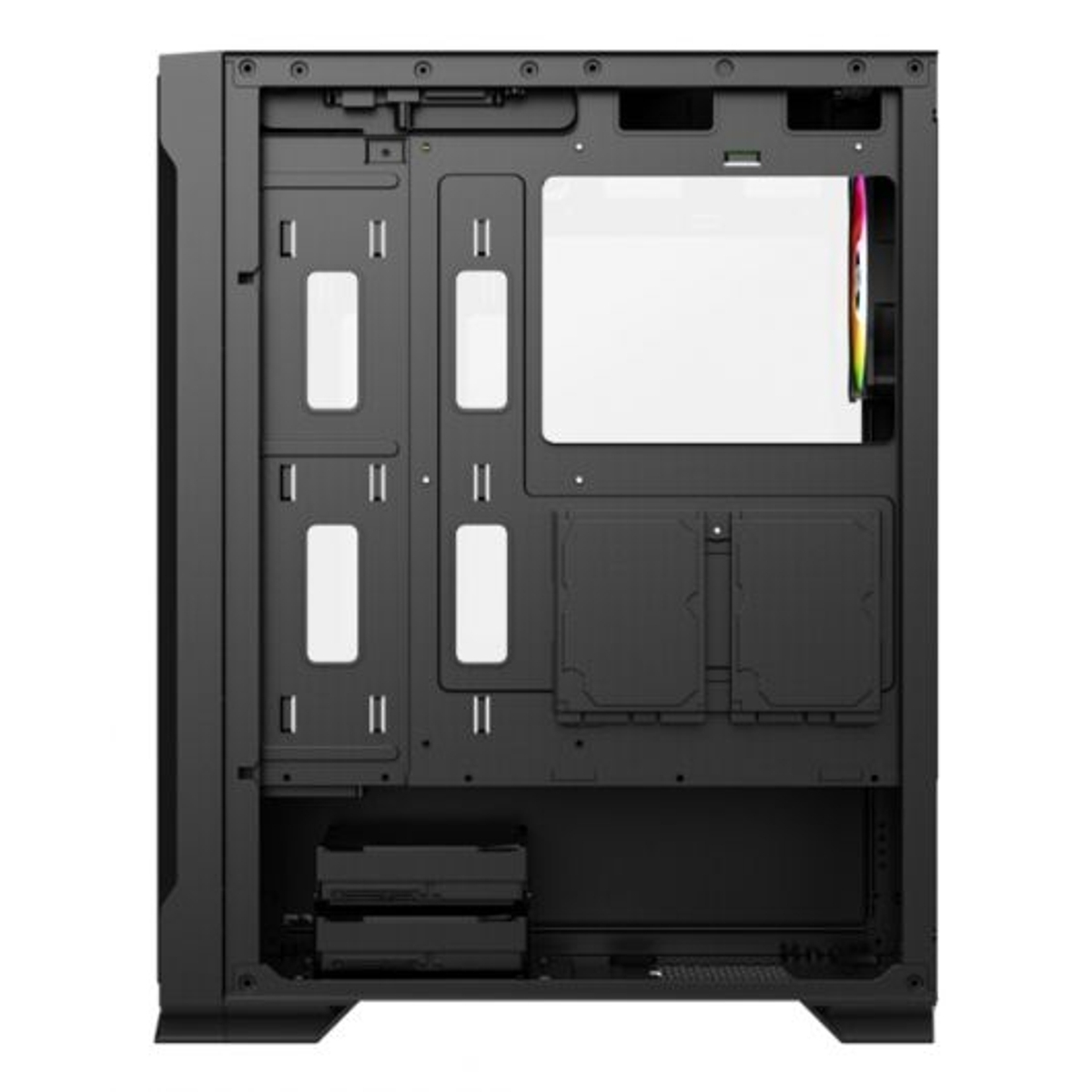 Vista interna di un case per computer nero con aperture per la gestione dei cavi e supporti ventola.