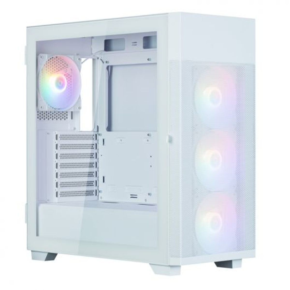 Un case PC bianco con ventole RGB, frontale in vetro e lati in mesh.