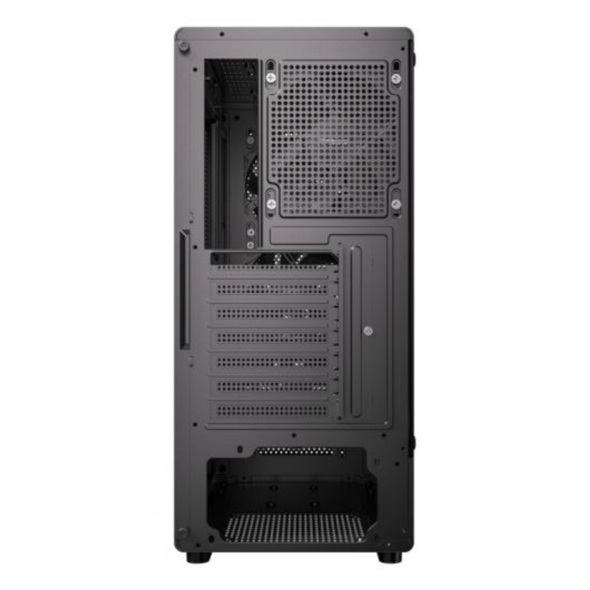 Vista posteriore di un case per computer nero con fessure di ventilazione e alloggiamenti di espansione.
