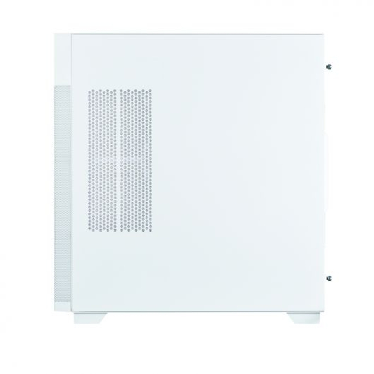Lato bianco del case del computer con griglia di ventilazione e viti.