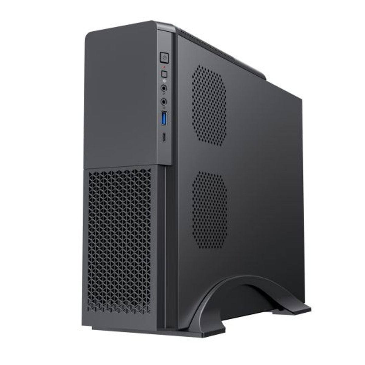 Un case per computer nero con griglie di ventilazione e porte.
