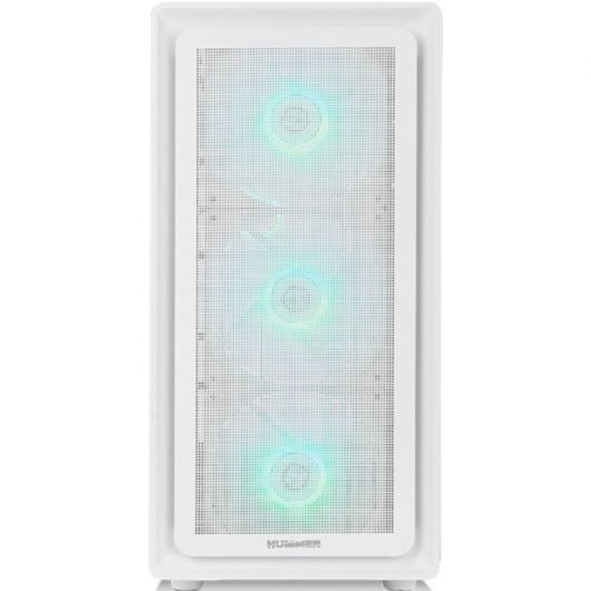 Un case per computer bianco con tre ventole illuminate e il nome del marchio.