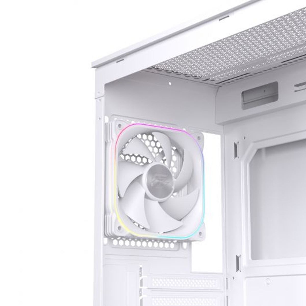 Una ventola bianca per case del computer con illuminazione RGB, montata all'interno di un case bianco.