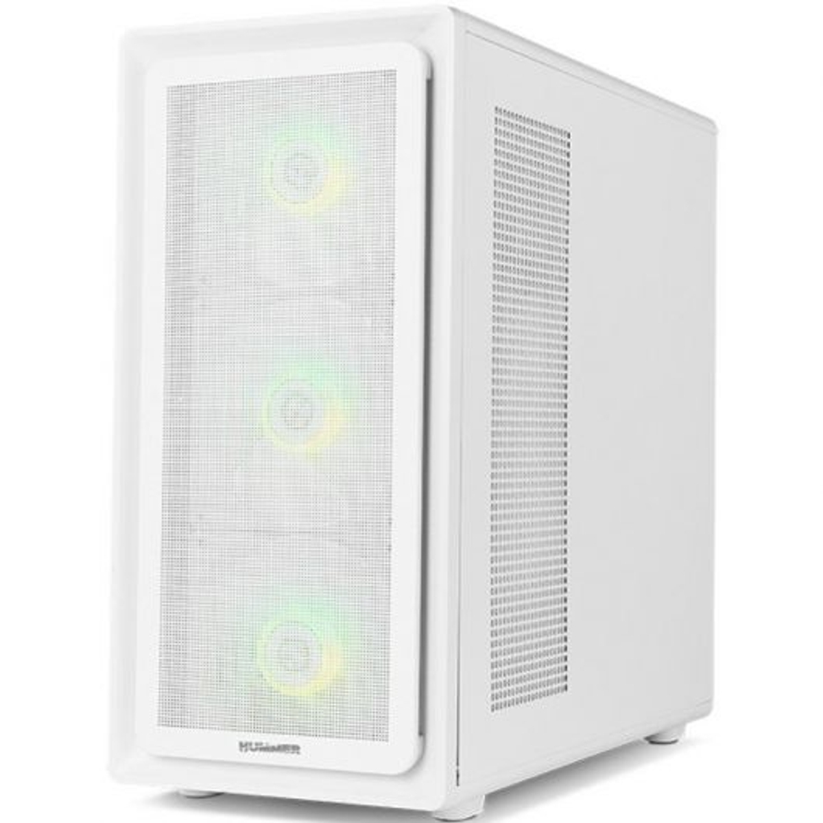 Un case per computer bianco con ventole illuminate e pannello frontale in rete.