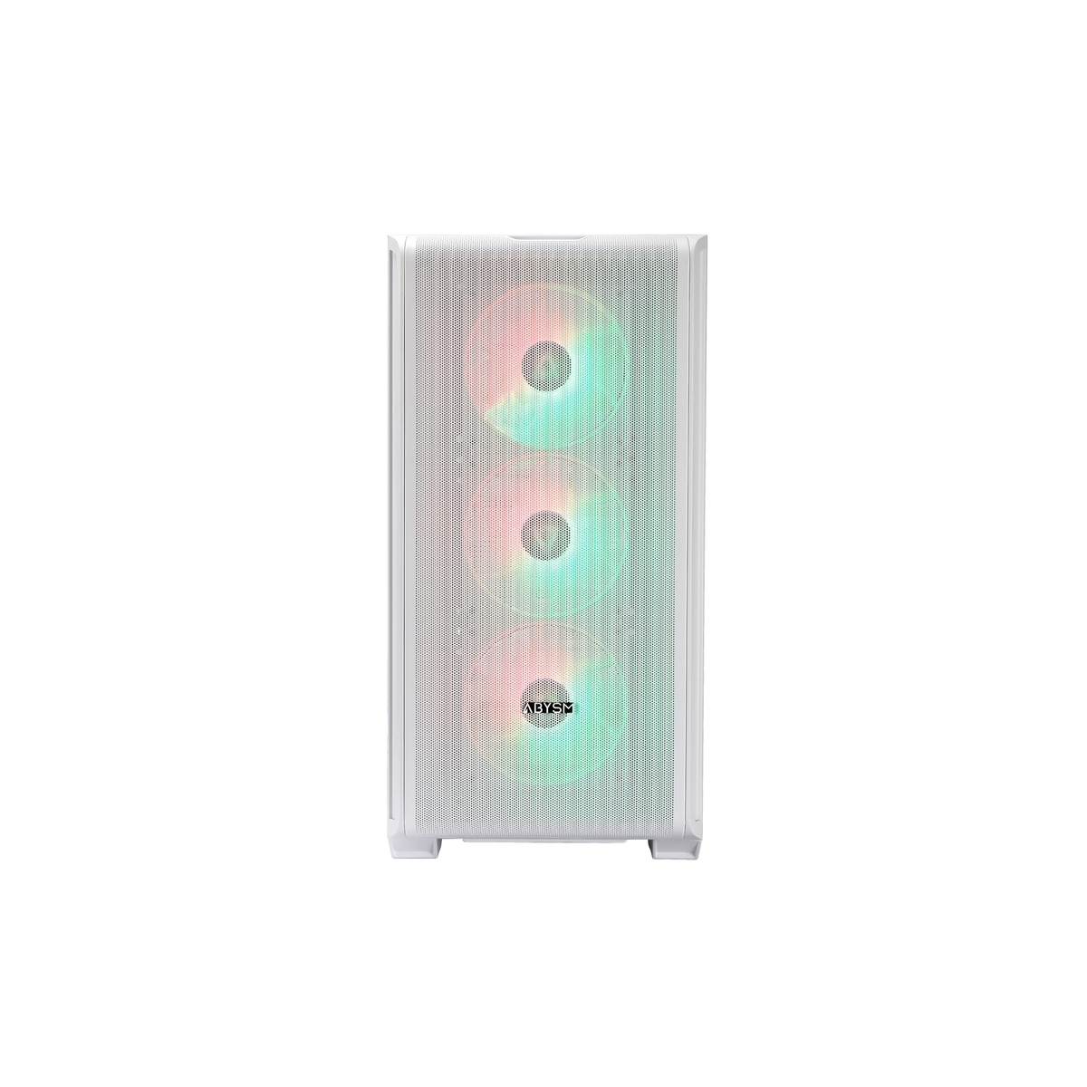 Un case per computer bianco con tre ventole illuminate.
