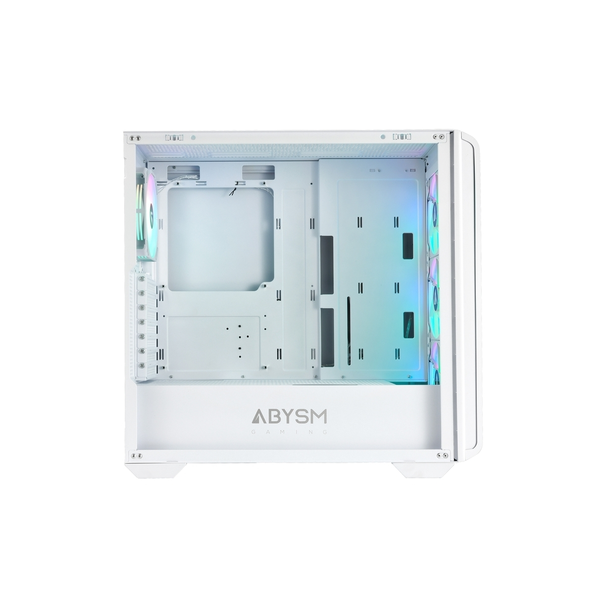Case PC bianco con ventole RGB e logo ABYSM GAMING.