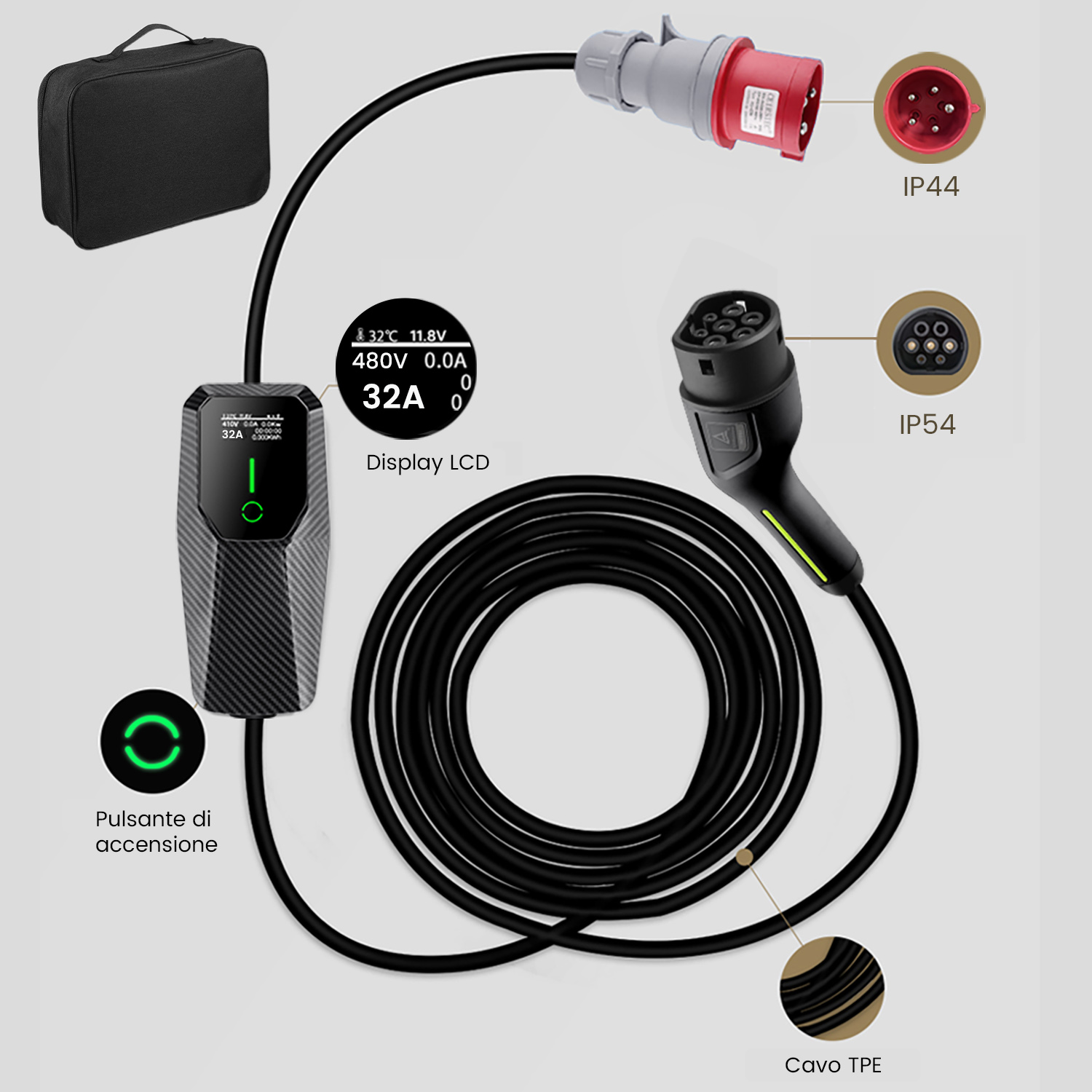 Caricatore EV con display, cavo e connettori IP44/IP54. Borsa inclusa.