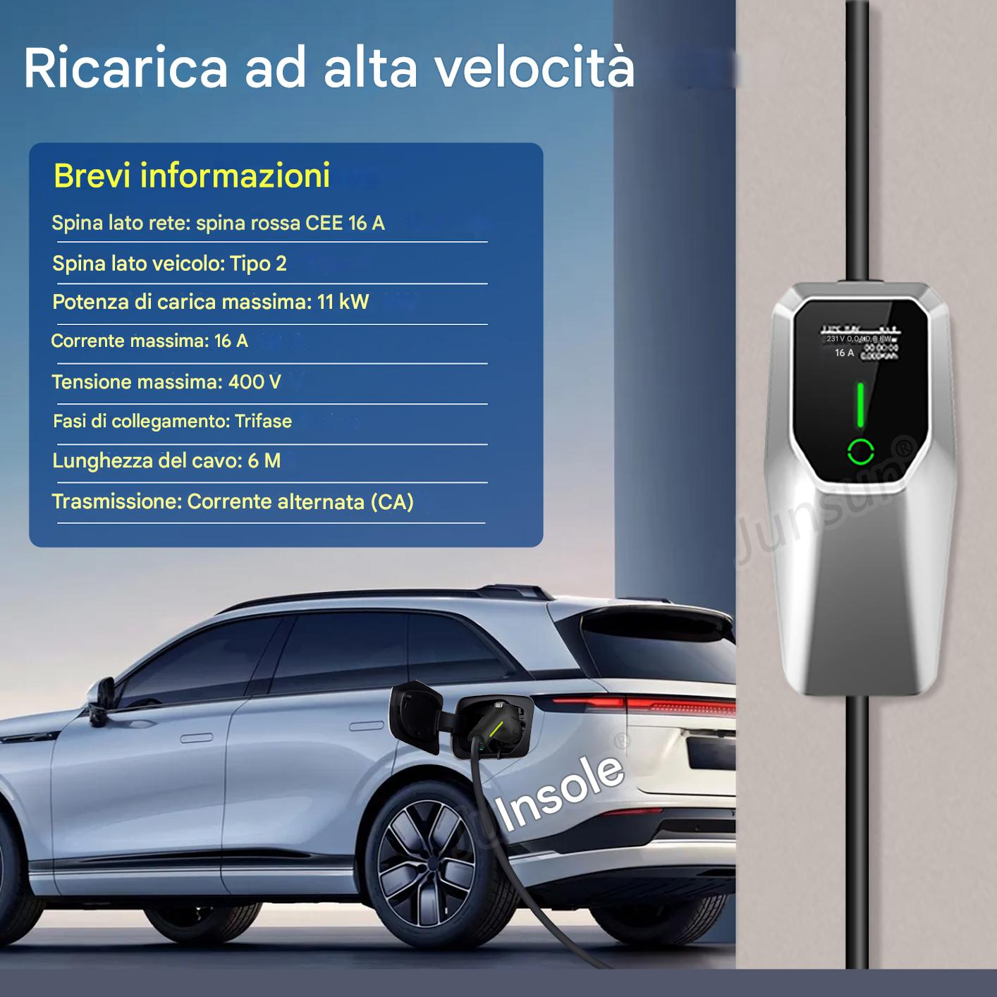 Un'auto elettrica è collegata a un caricabatterie. Dati tecnici in italiano.