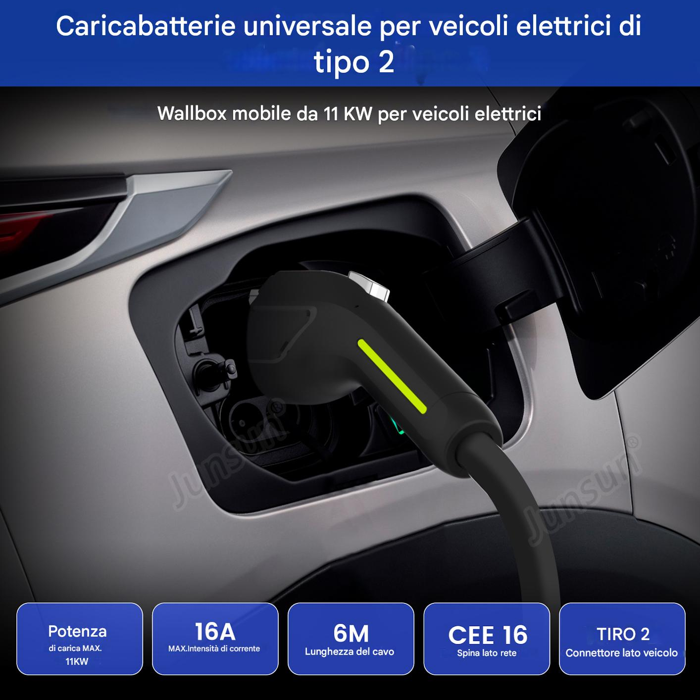 Una spina di ricarica per veicoli elettrici viene inserita in una porta di ricarica. Dettagli: 11KW, 16A, cavo 6M, Tipo 2.