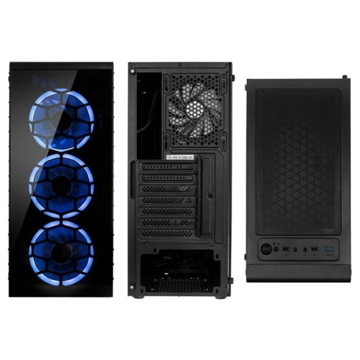 Een zwarte computerkast met drie blauwe ventilatoren, toon de voor-, achter- en zijkant.