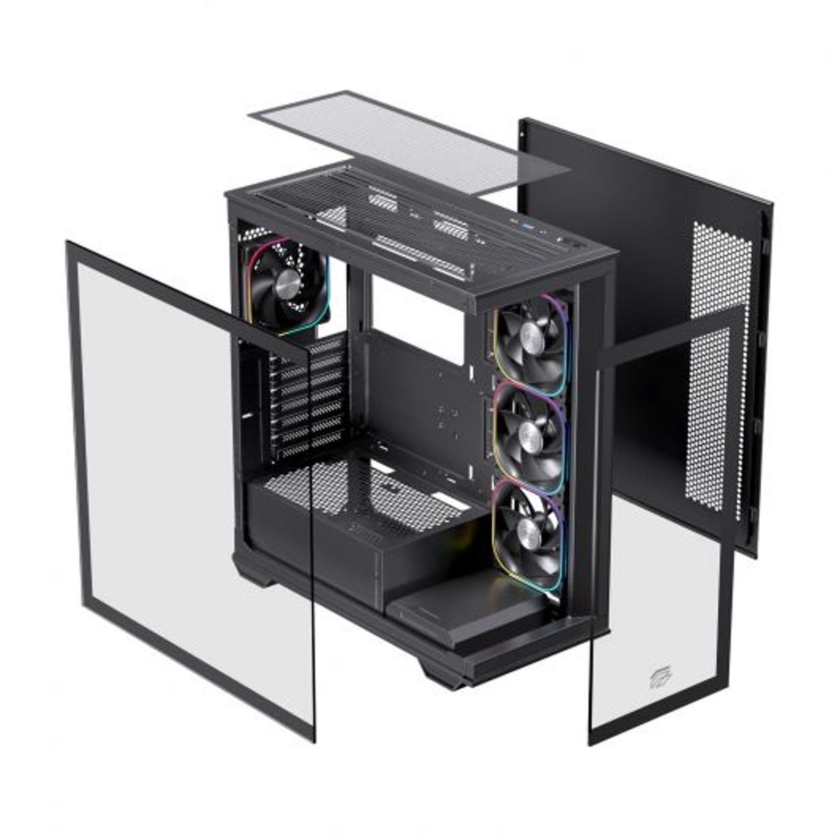 Un case per PC nero con frontale in vetro e ventole RGB.