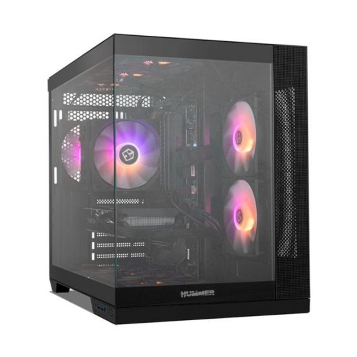 Un case per PC nero con finestra in vetro e ventole colorate.