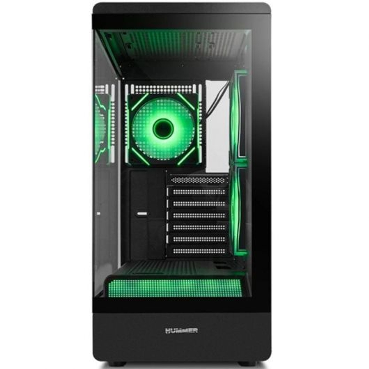 Una caja de PC negra con luces y ventiladores LED verdes.