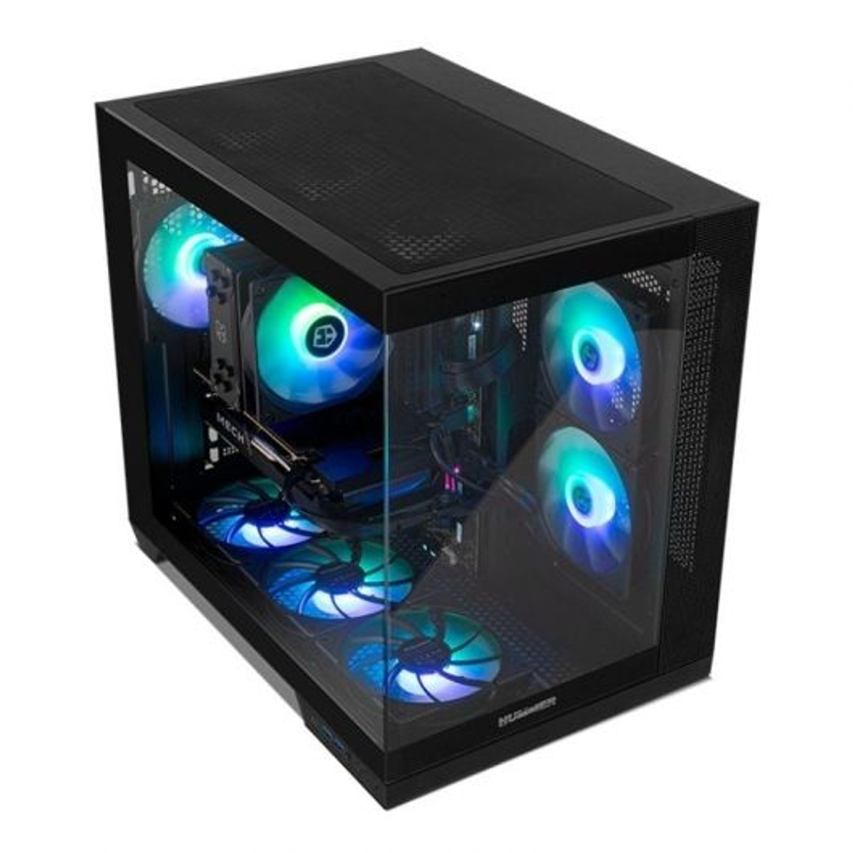 Case PC nero con frontale in vetro, illuminato da ventole RGB.