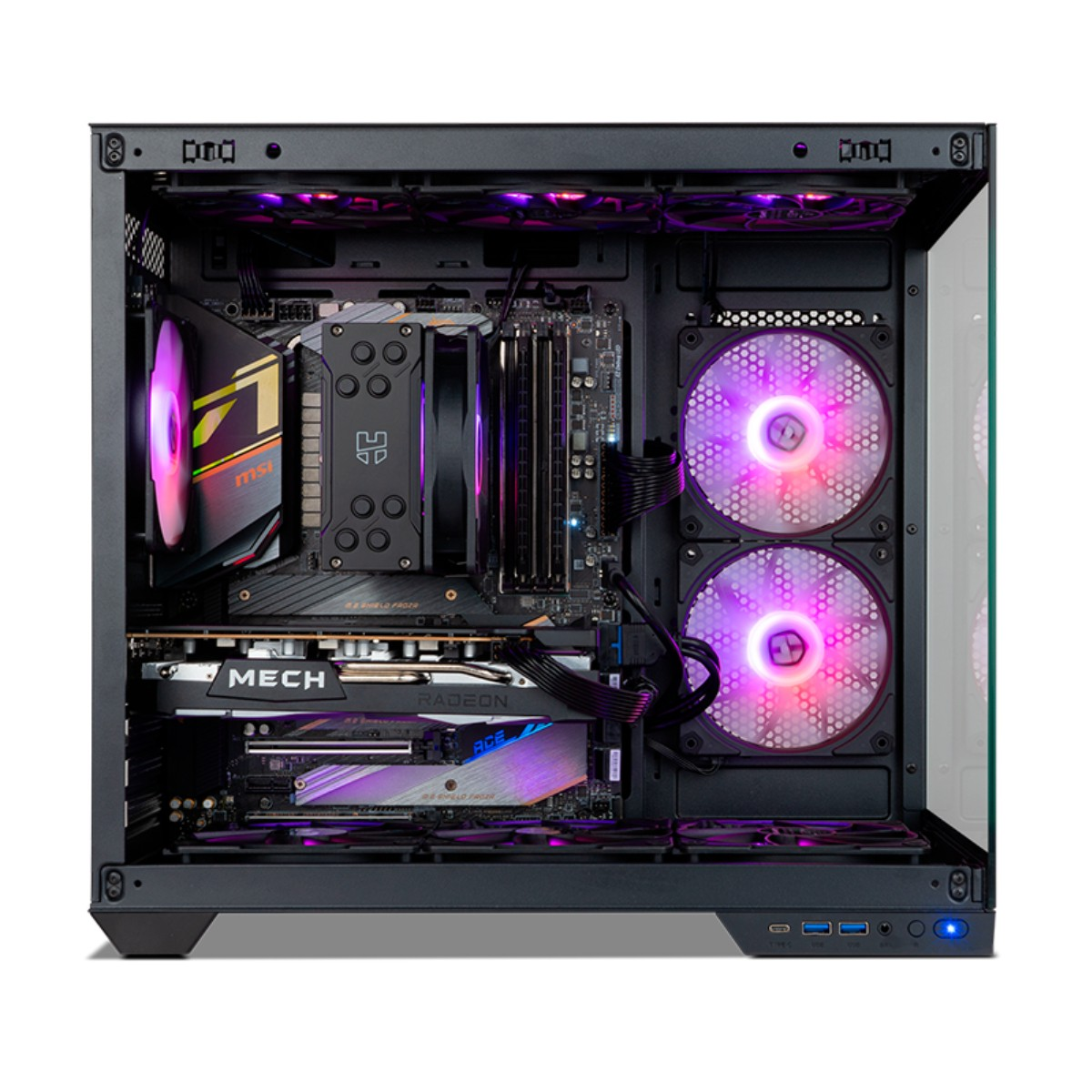 Un case per computer con componenti interni, illuminato da luci RGB viola e rosa.