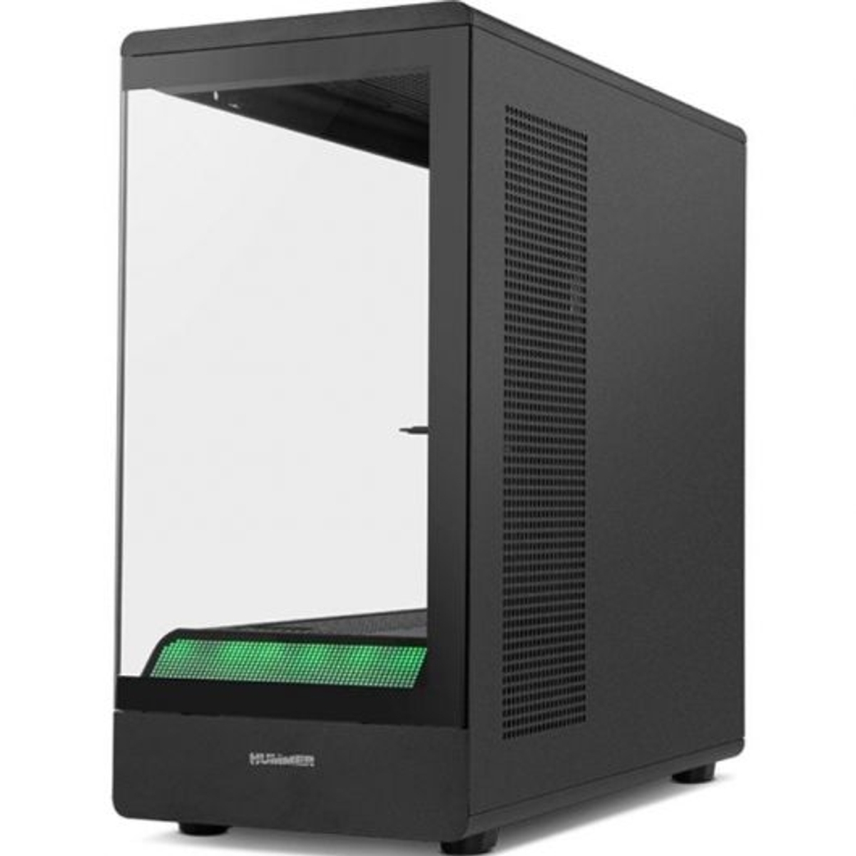 Una caja de ordenador negra con frontal de cristal e iluminación verde.