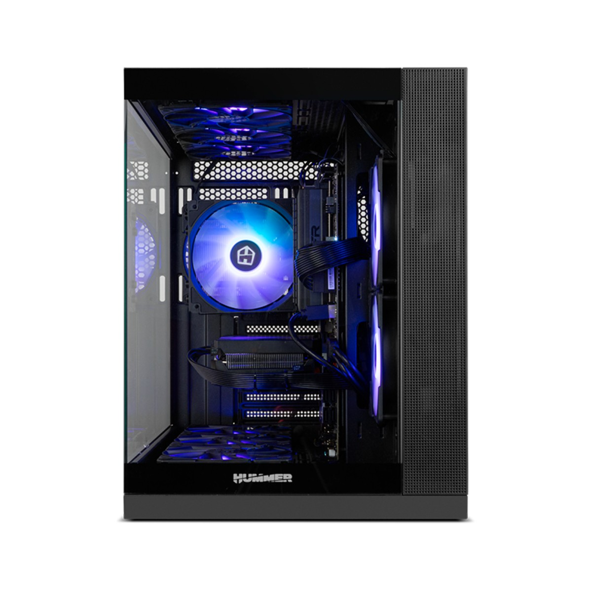 Un case per computer nero con luci blu e viola. Le ventole sono illuminate.