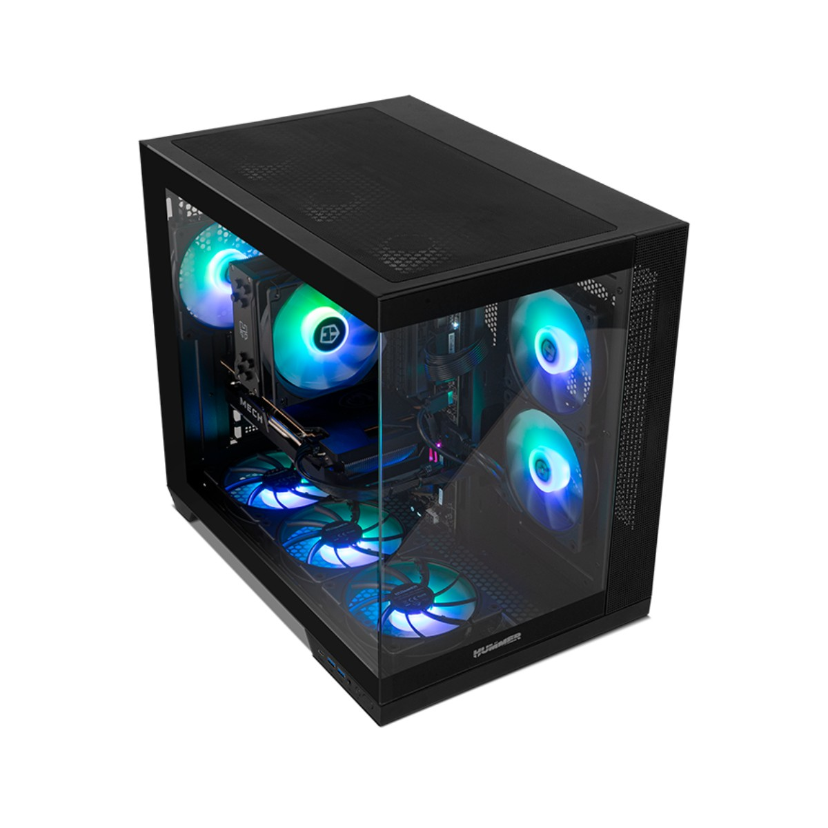 Un case PC nero con ventole illuminate e pannello laterale in vetro.