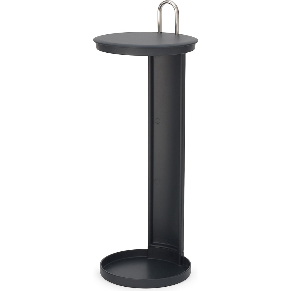 Metal kulplu, yuvarlak tabanlı ve üstlü, koyu renkli dar stand.