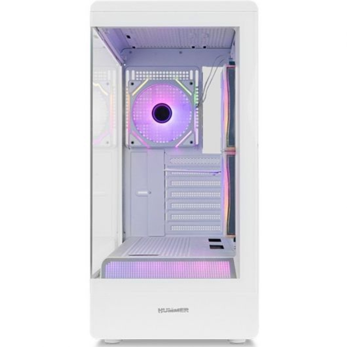 Un case per computer bianco con effetti di illuminazione RGB viola e rosa.