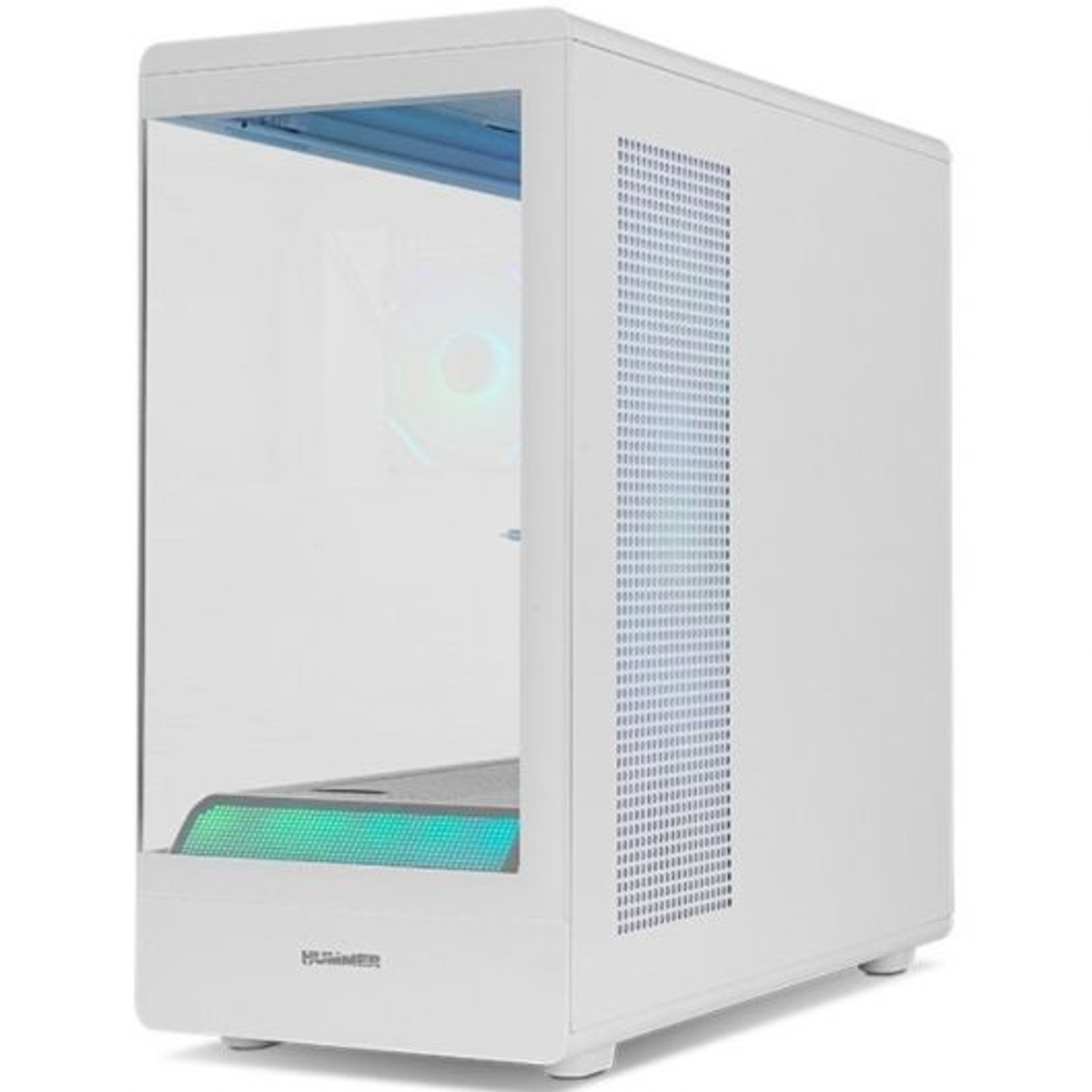 Case per computer bianco con frontale in vetro e illuminazione RGB in basso.