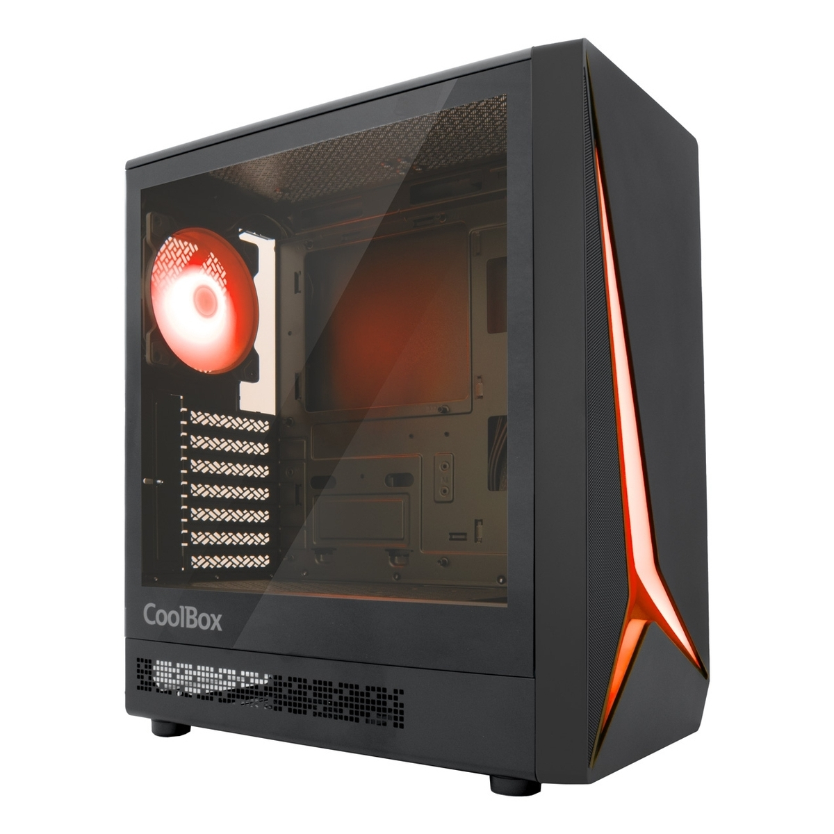 Case PC nero con ventola illuminata e illuminazione rossa d'accento.