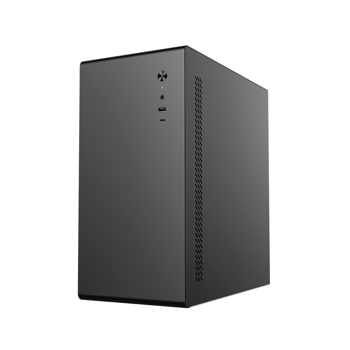 Un case per computer nero con un pulsante e porte USB sul pannello frontale.