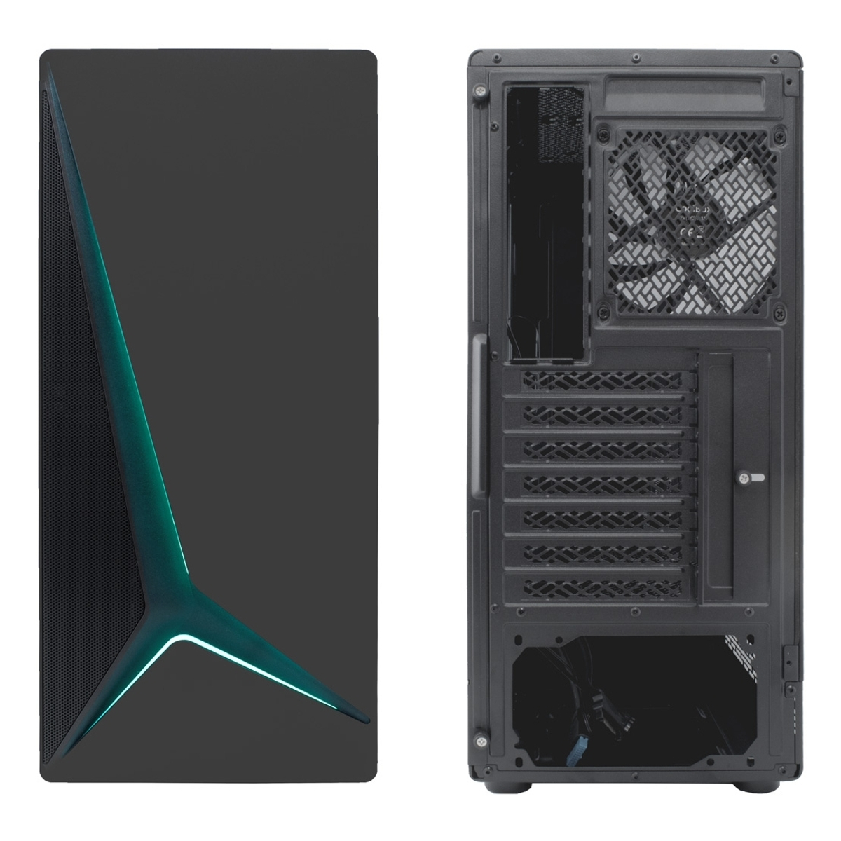 Case PC nero con striscia luminosa verde sul davanti e retro con ventola.