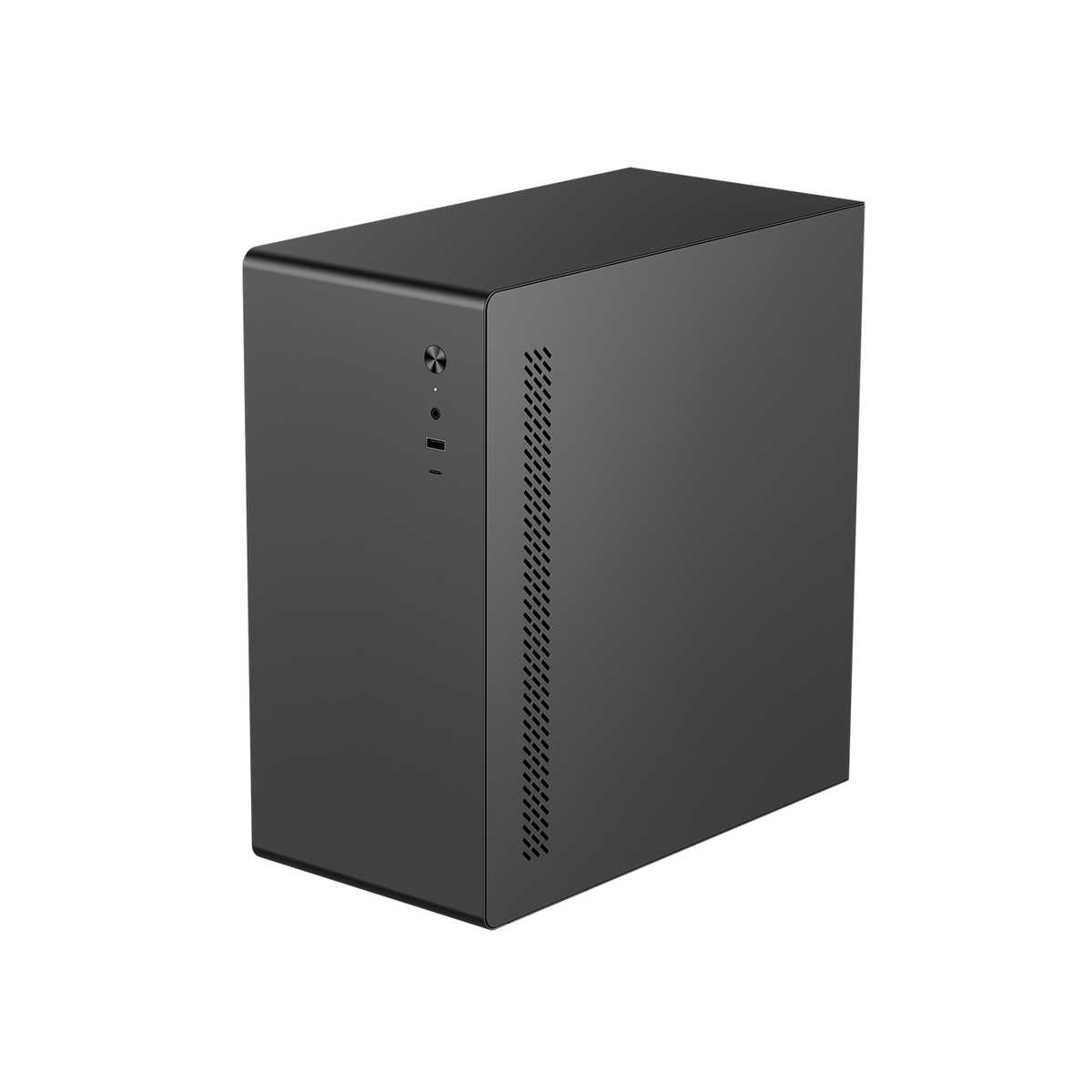 Case del computer nero con fessure di ventilazione e porte anteriori.