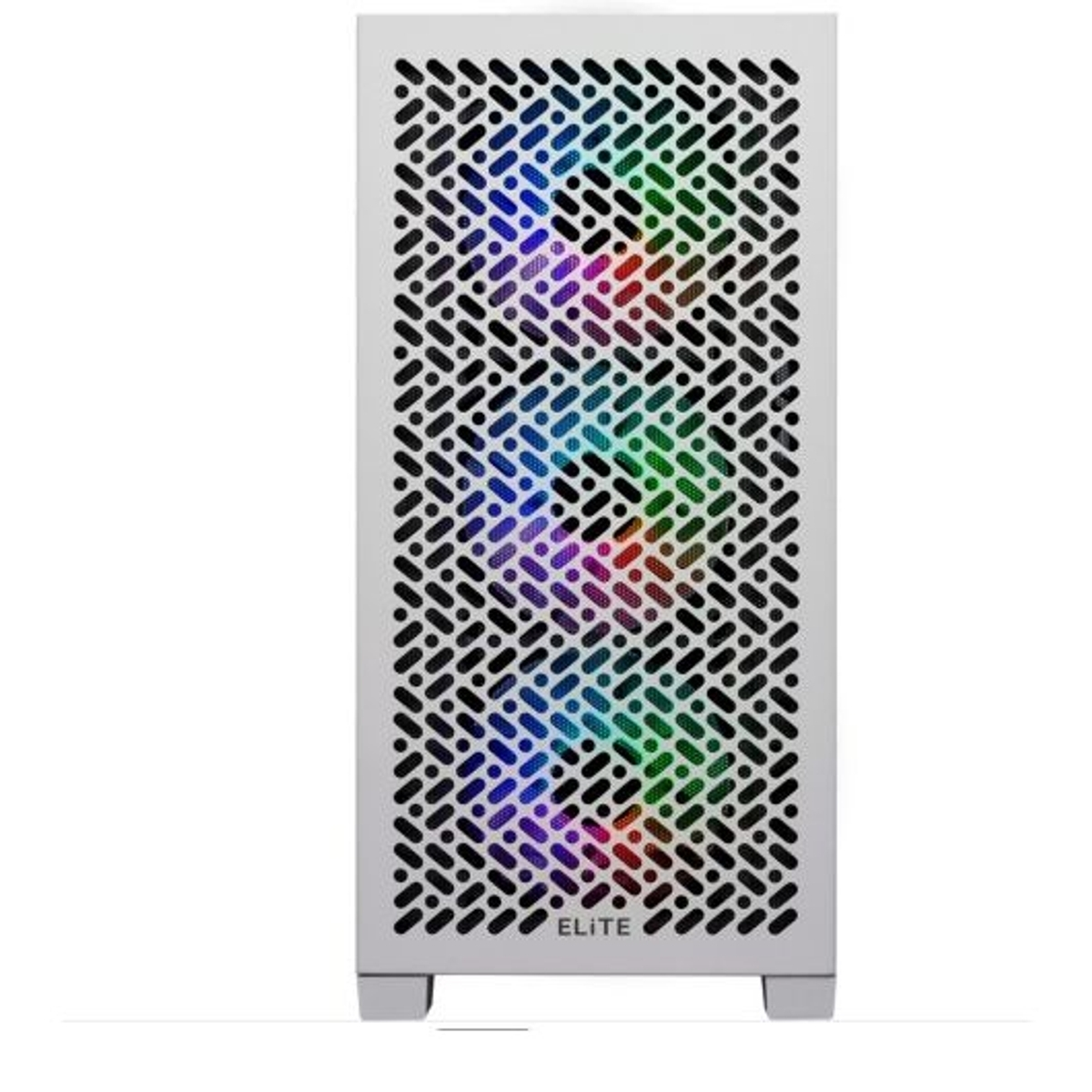 Ein weißes Computergehäuse mit RGB-Beleuchtung, die durch das perforierte Frontpanel scheint.