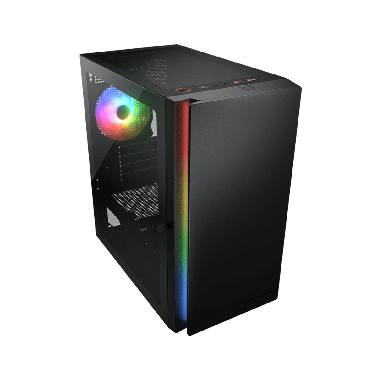 Case del computer nero con ventola RGB e striscia luminosa verticale.