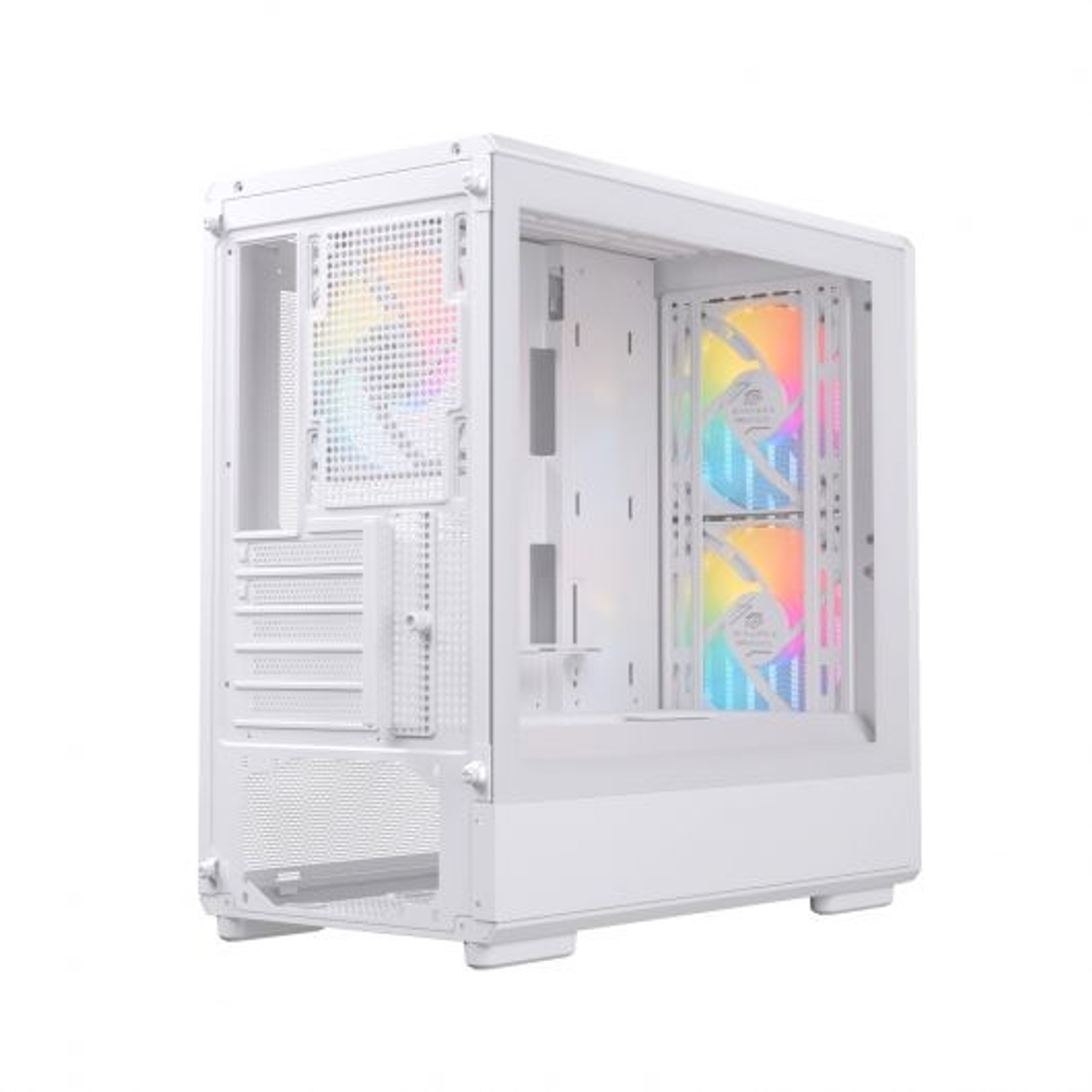 Un case PC bianco con ventole RGB e frontale in vetro.