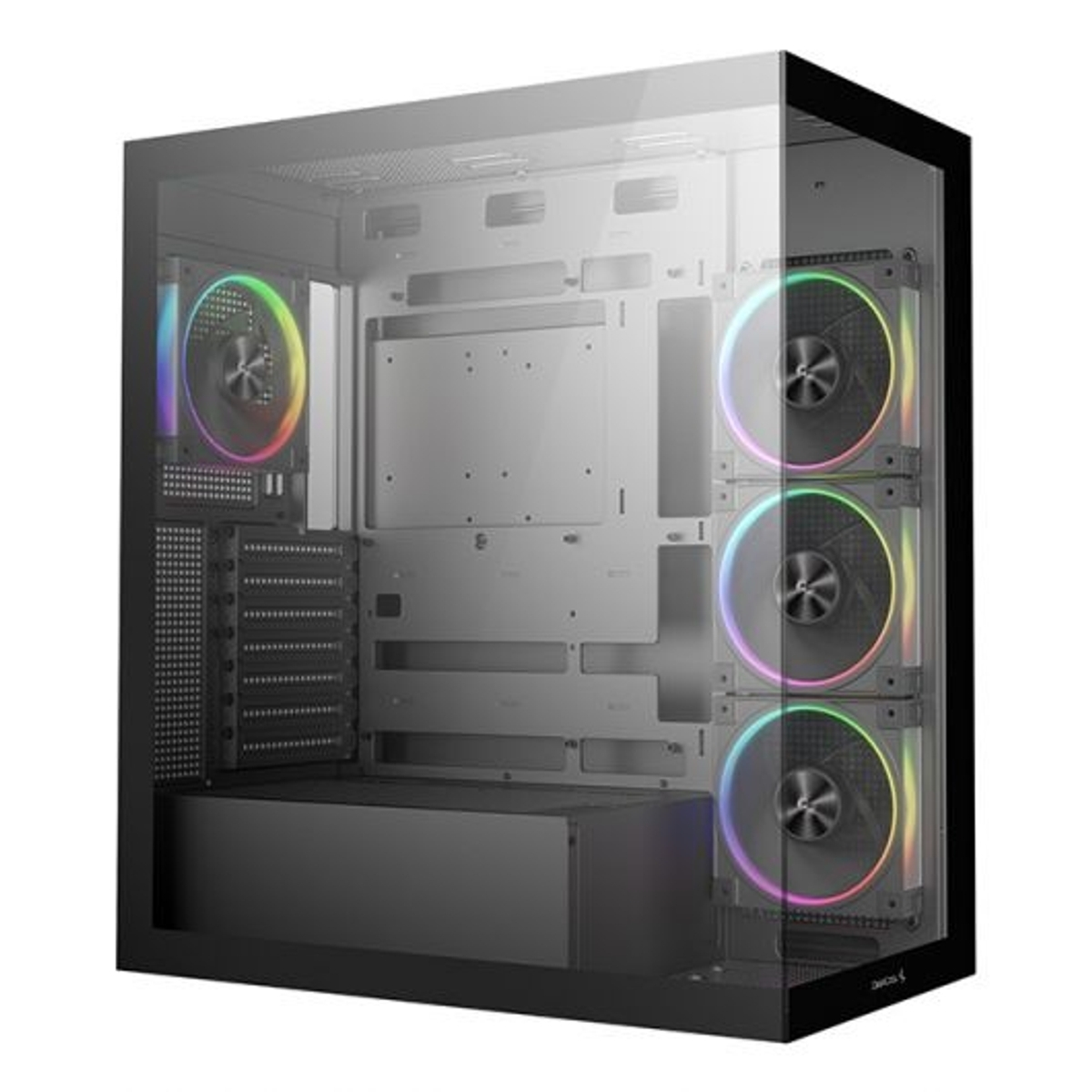 Ein schwarzes PC-Gehäuse mit Glasfenstern und RGB-Lüftern.