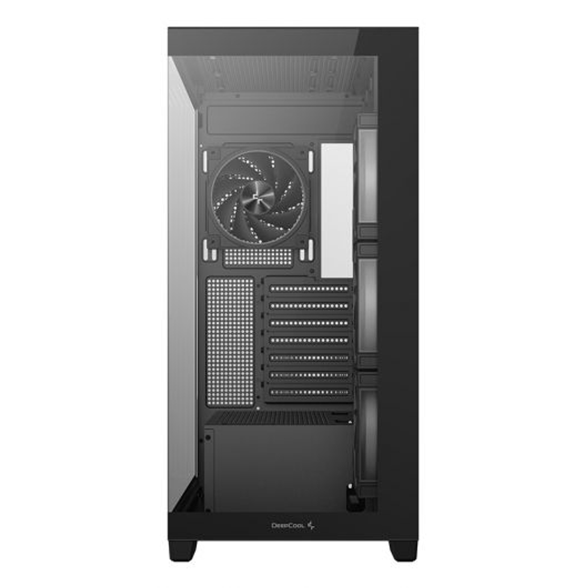 Schwarzes Computergehäuse mit Glasfront und Lüfter im Inneren.
