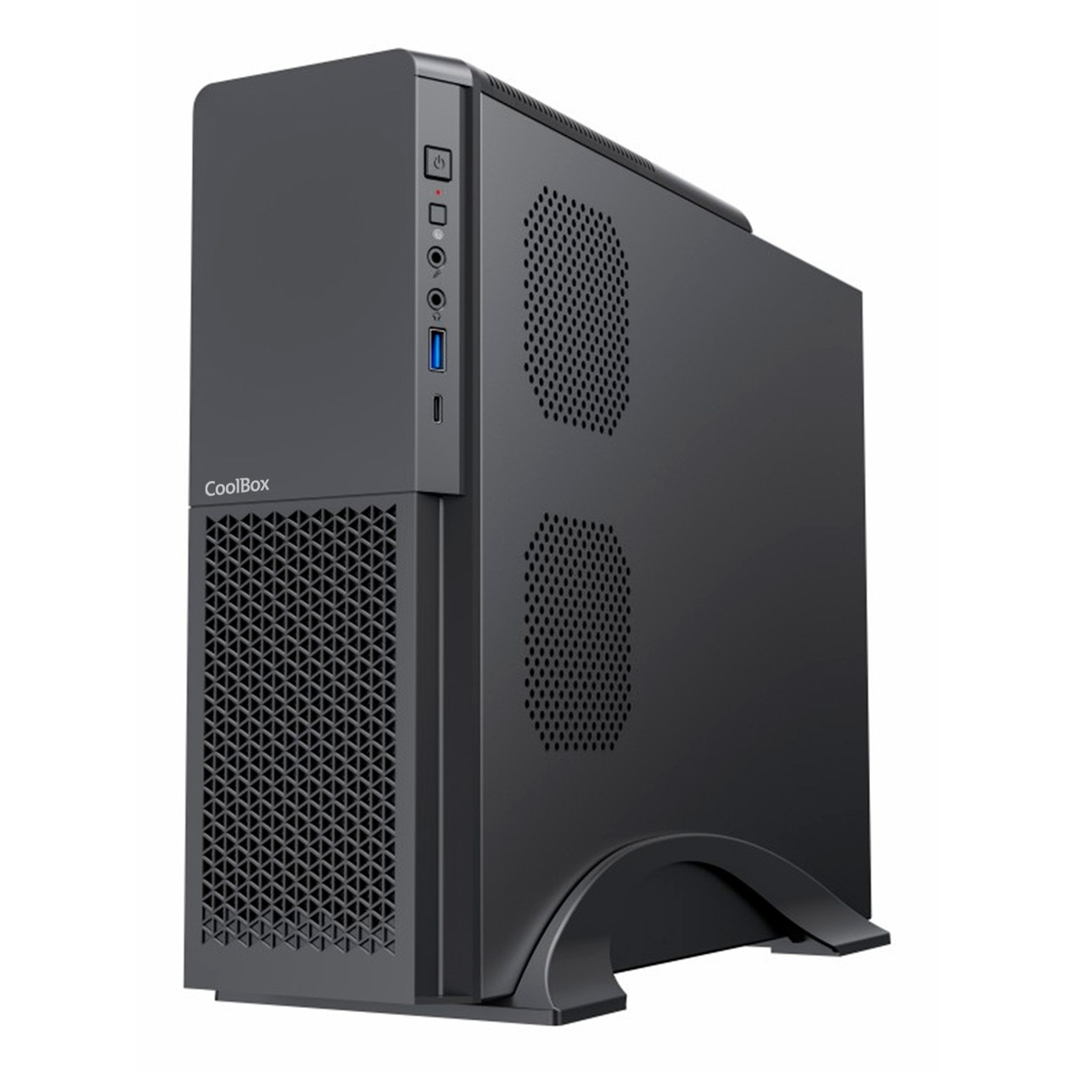 Un case per computer nero si trova su un supporto con griglie di ventilazione.