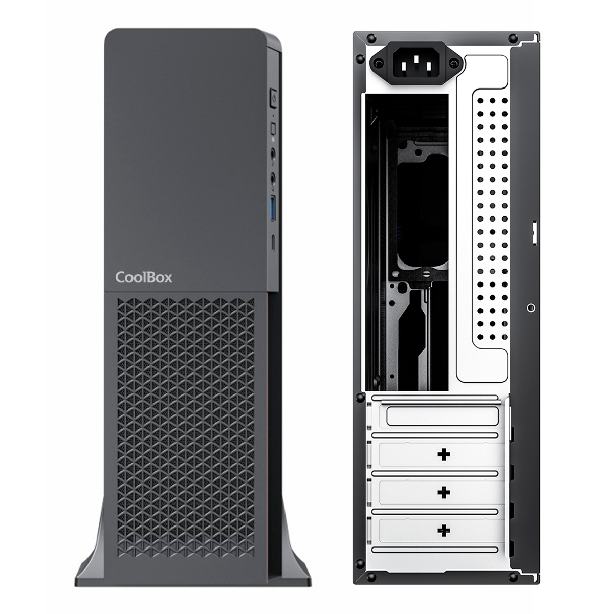 Una torre PC scura con griglia frontale e pannello posteriore aperto.