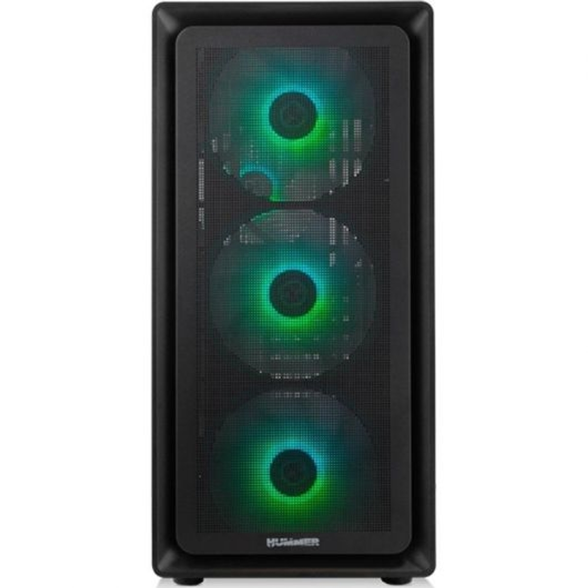Case PC nero con tre ventole illuminate verdi e blu.