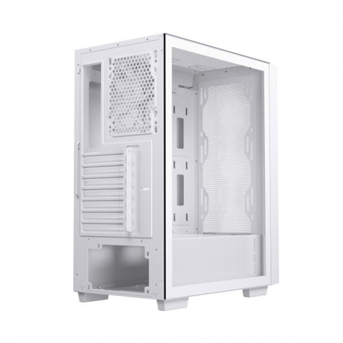 Un case per computer bianco con rete e pannello frontale in vetro. Sono visibili prese d'aria.