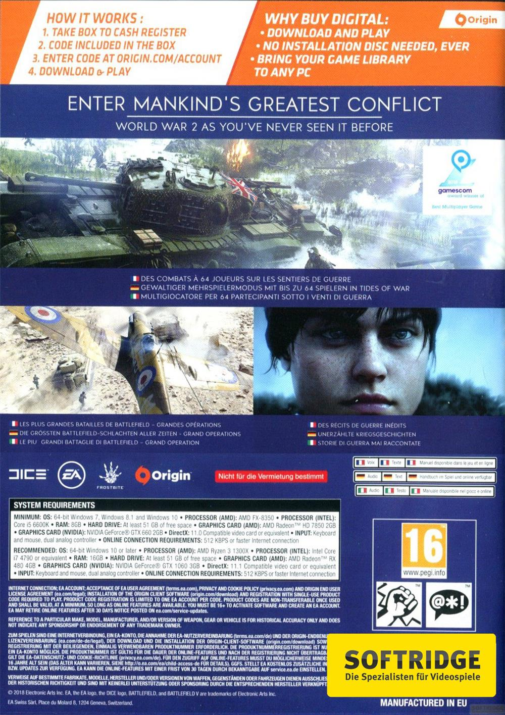 Battlefield V Spielcover mit Panzer, Flugzeug und Nahaufnahme eines Soldaten.