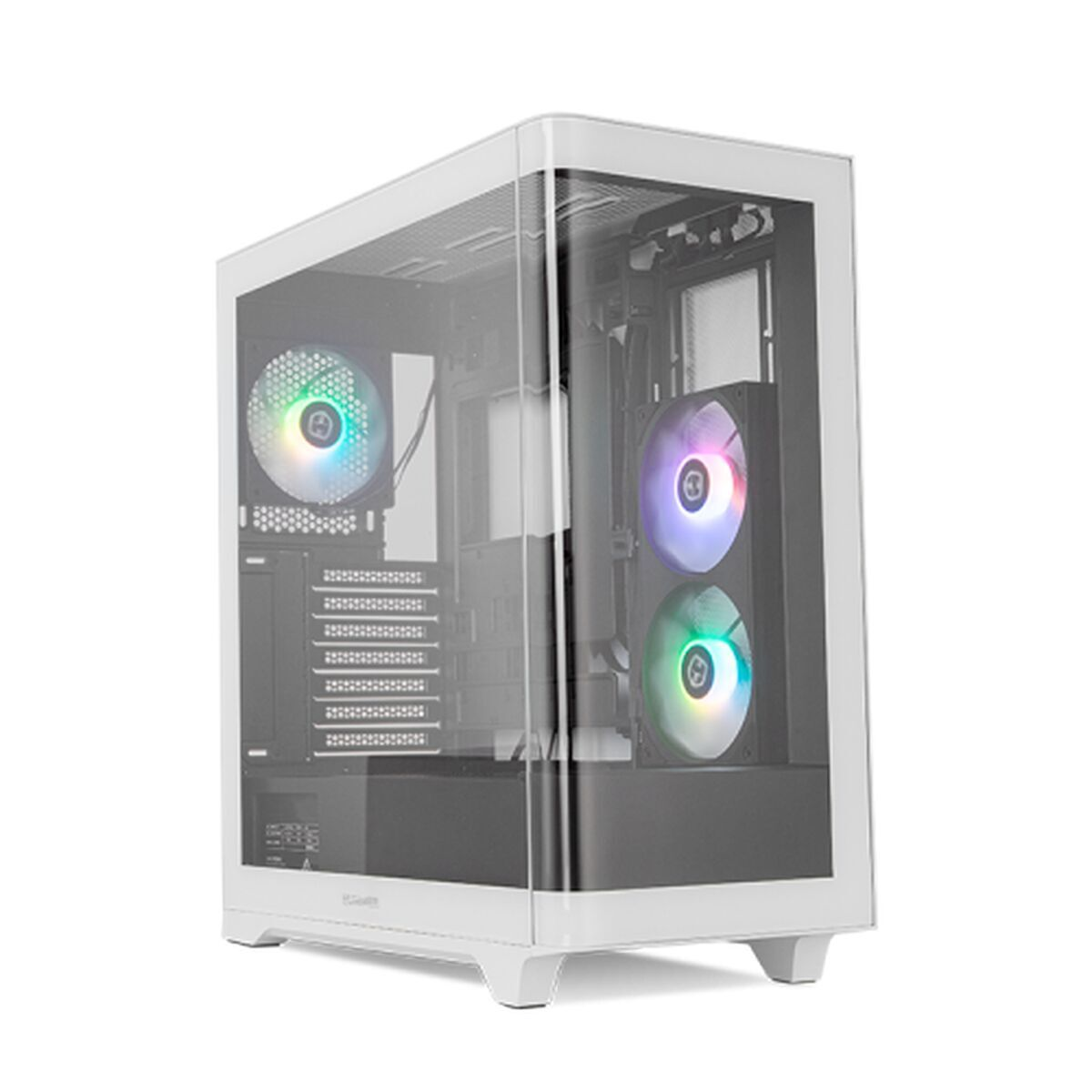 Un case per PC bianco con pannello frontale in vetro e ventole RGB.