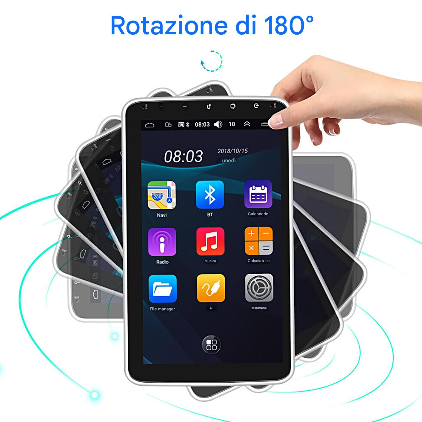 Una mano ruota un touchscreen con icone di app. Testo: Rotazione di 180°.