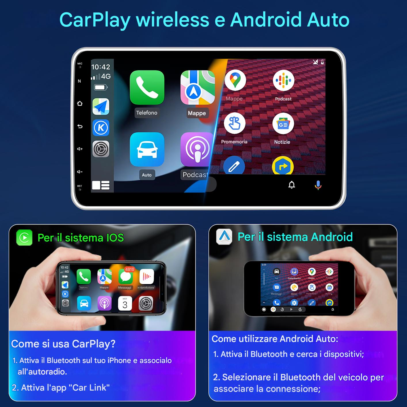 Schermo con app CarPlay/Android Auto e due telefoni iOS e Android.