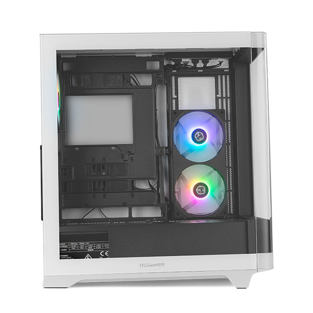 Un case PC bianco con finestra laterale trasparente, due ventole RGB e componenti interni visibili.