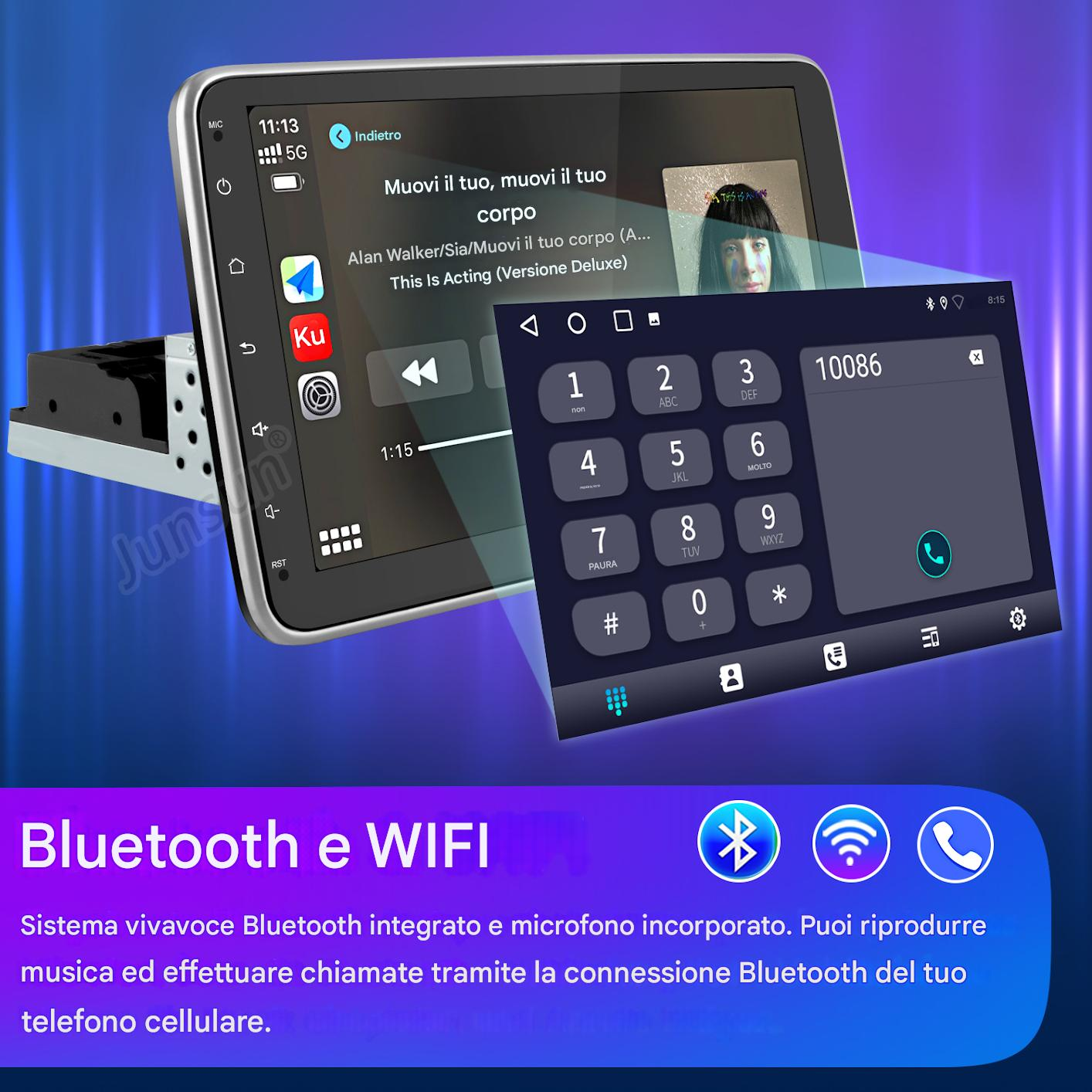 Un autoradio mostra musica e tastierino, con simboli Bluetooth e WiFi in basso.