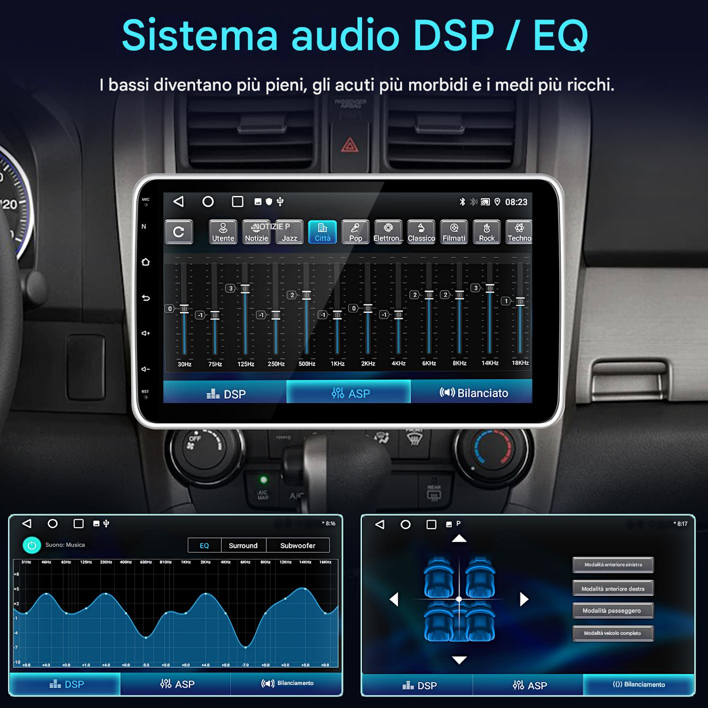 Display autoradio mostra impostazioni DSP/EQ con cursori e bande di frequenza.