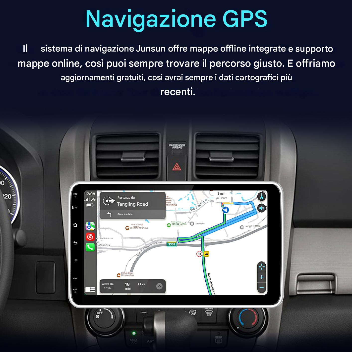 Un sistema di navigazione per auto mostra una mappa con un percorso. L'ora è 17:08.