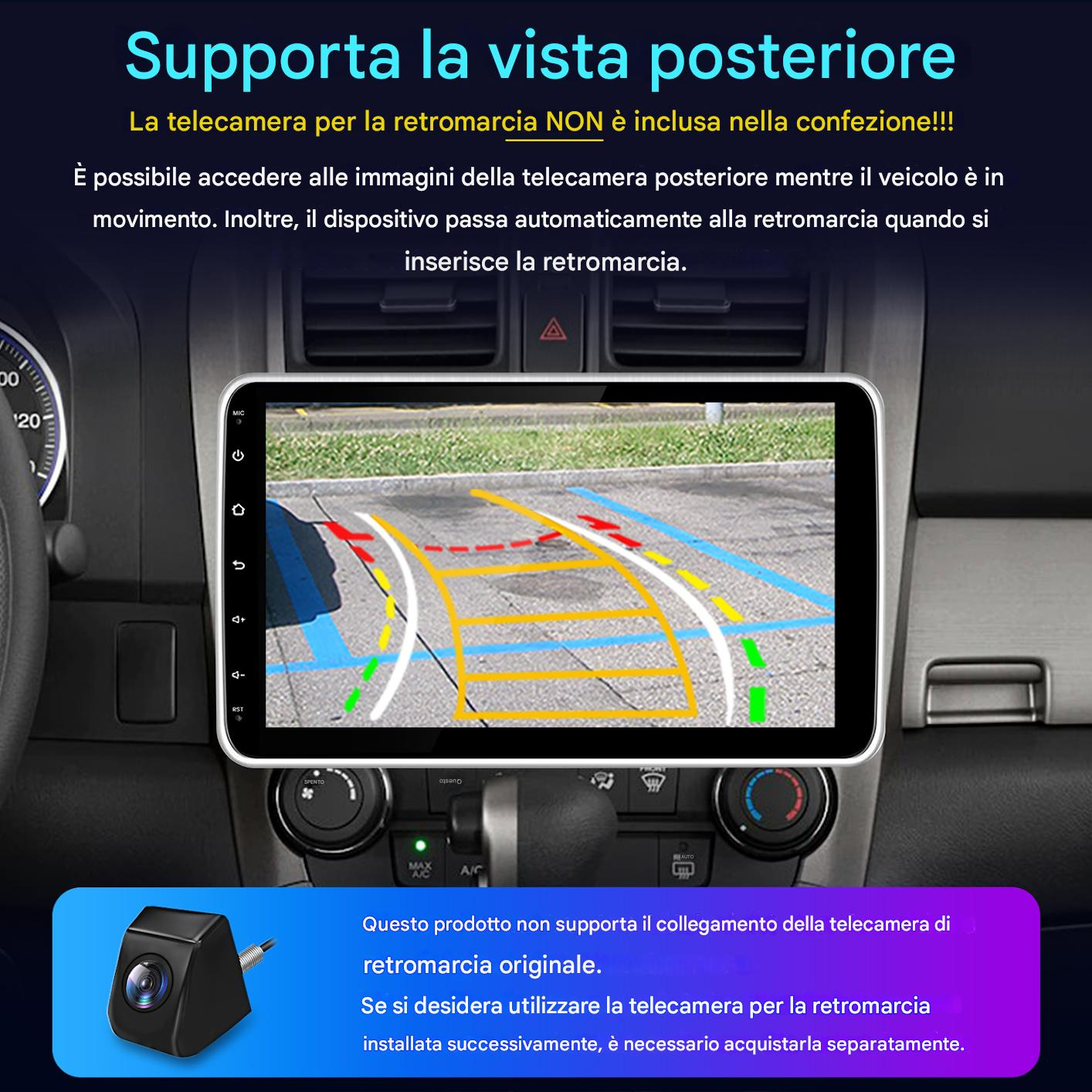 Display auto con vista telecamera posteriore e linee di parcheggio.