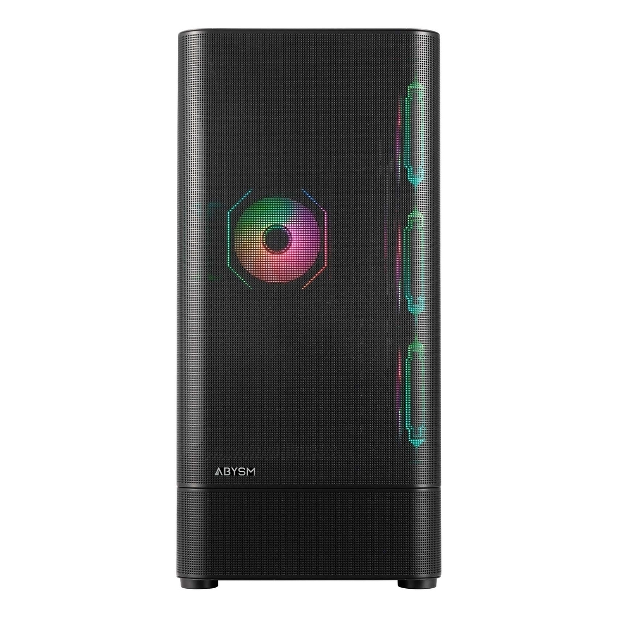 Case PC nero con ventole RGB e logo illuminato.