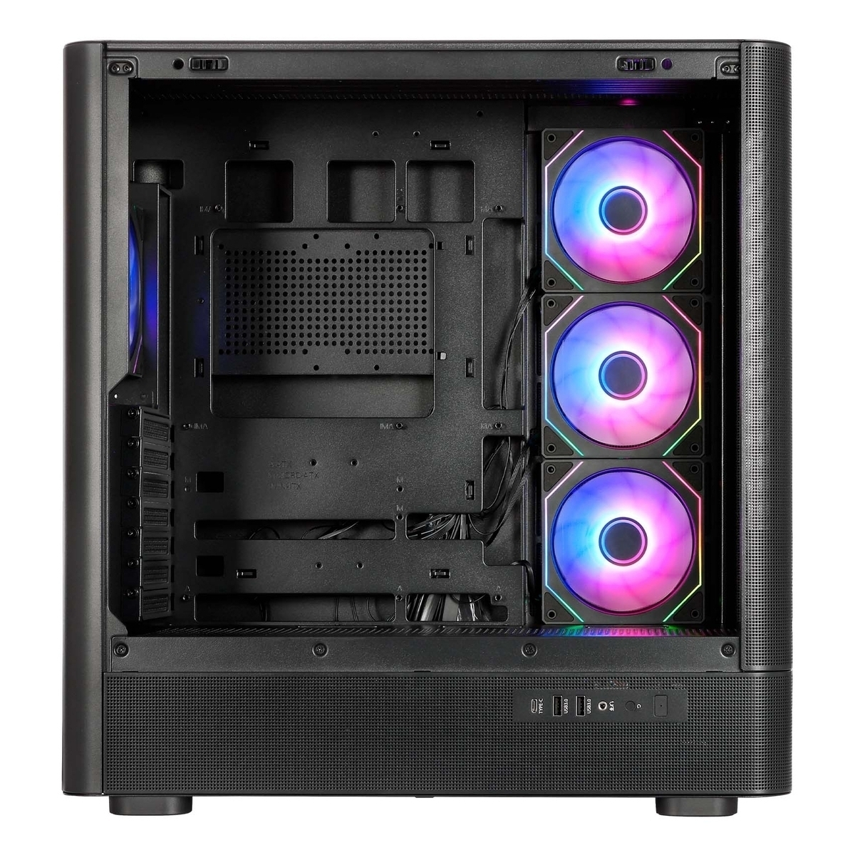 Un case PC nero aperto con tre ventole RGB e molte porte.