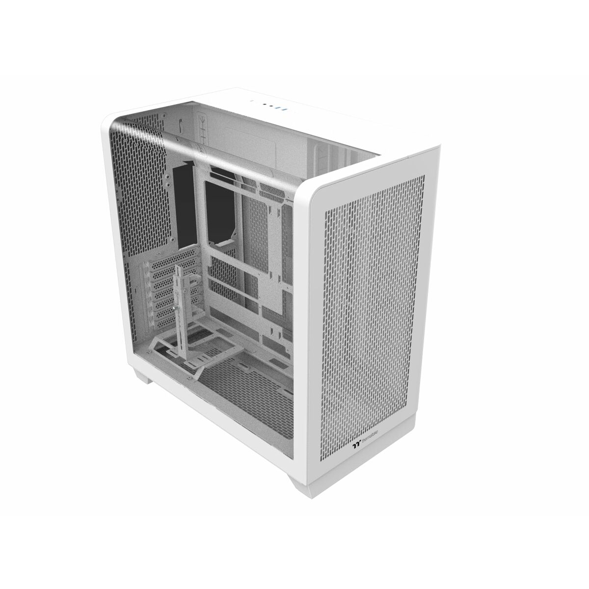 Ein weißes Computergehäuse mit Glasfront und Netzseiten für gute Belüftung.